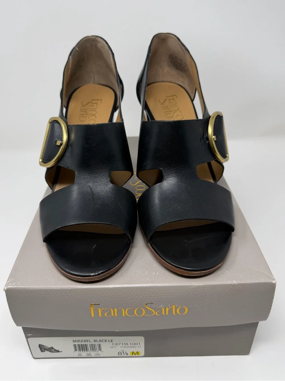 Franco Sarto Black Leather Open-Toe Block Heel Sandals with Gold Buckle Sz. 8.5